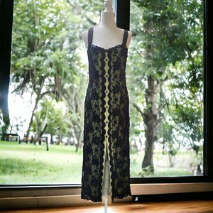 HANDMADE Long Evening Gown in Lime Green and Black with Lace Overlay